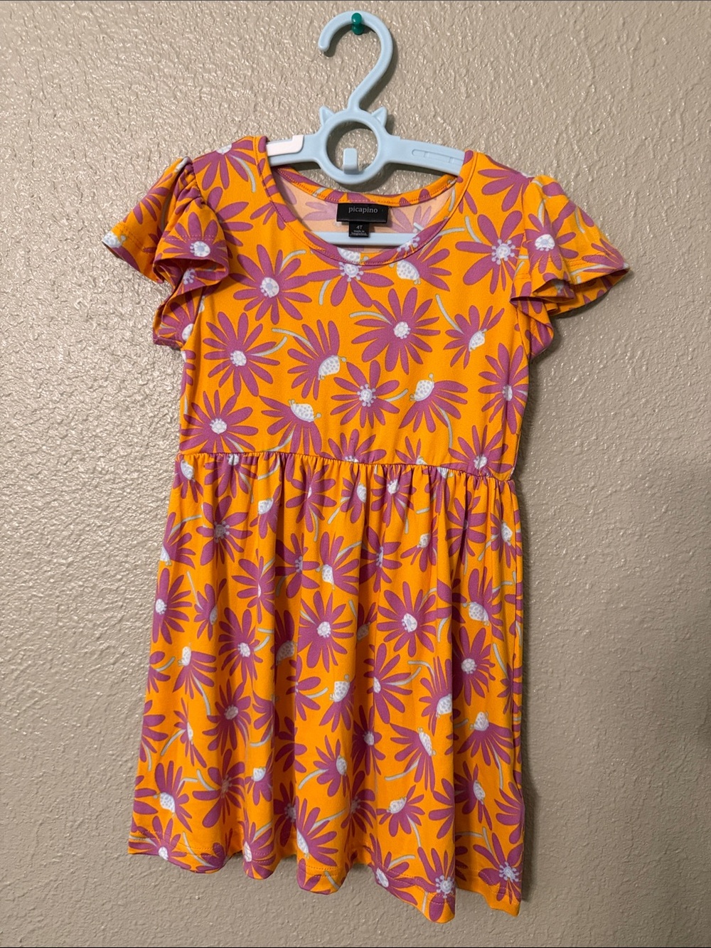 Girls' Orange Floral Casual Dress with Flutter Sleeves